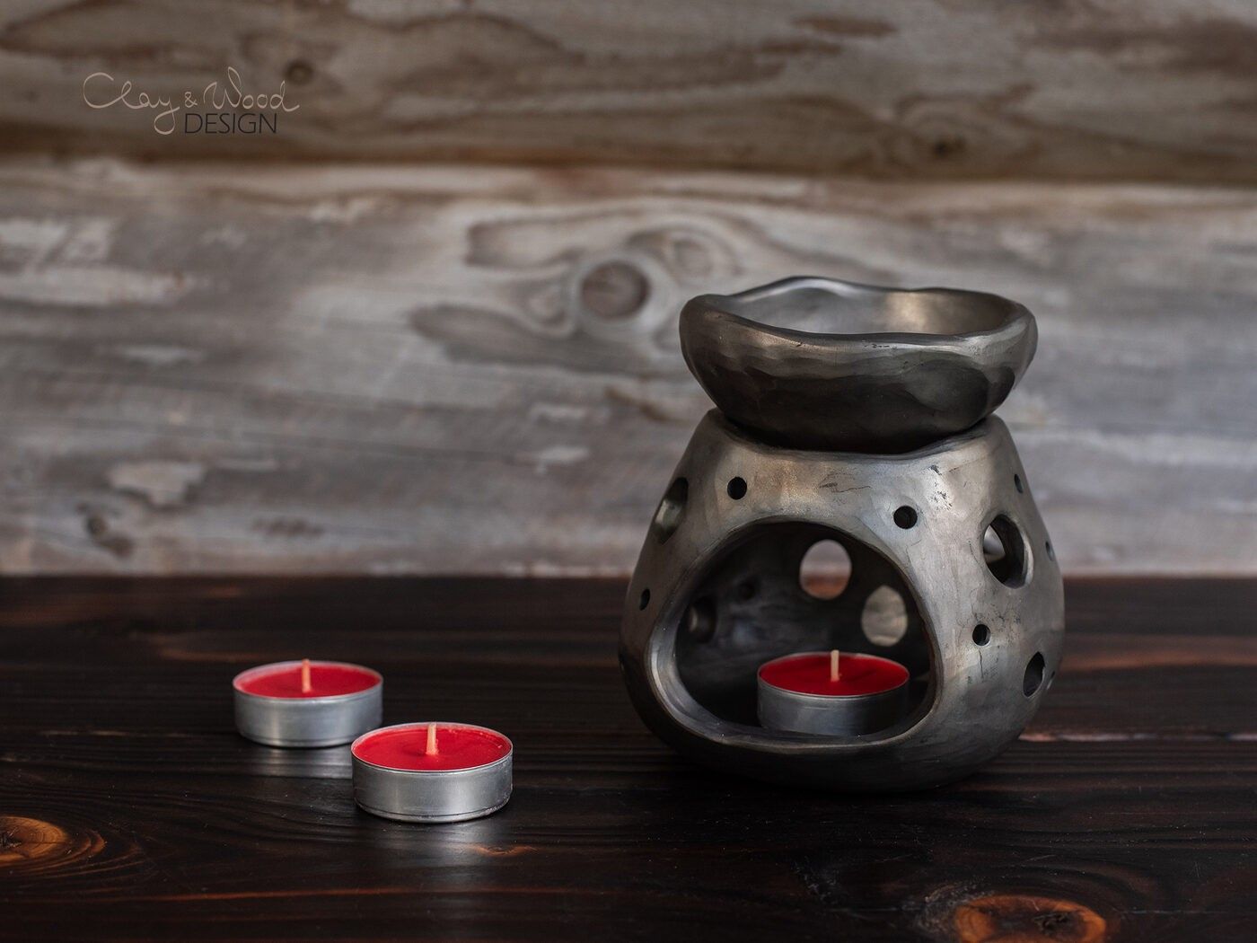 Svečturis Clay & Wood Design, keramika, melnā krāsā — attēls 3