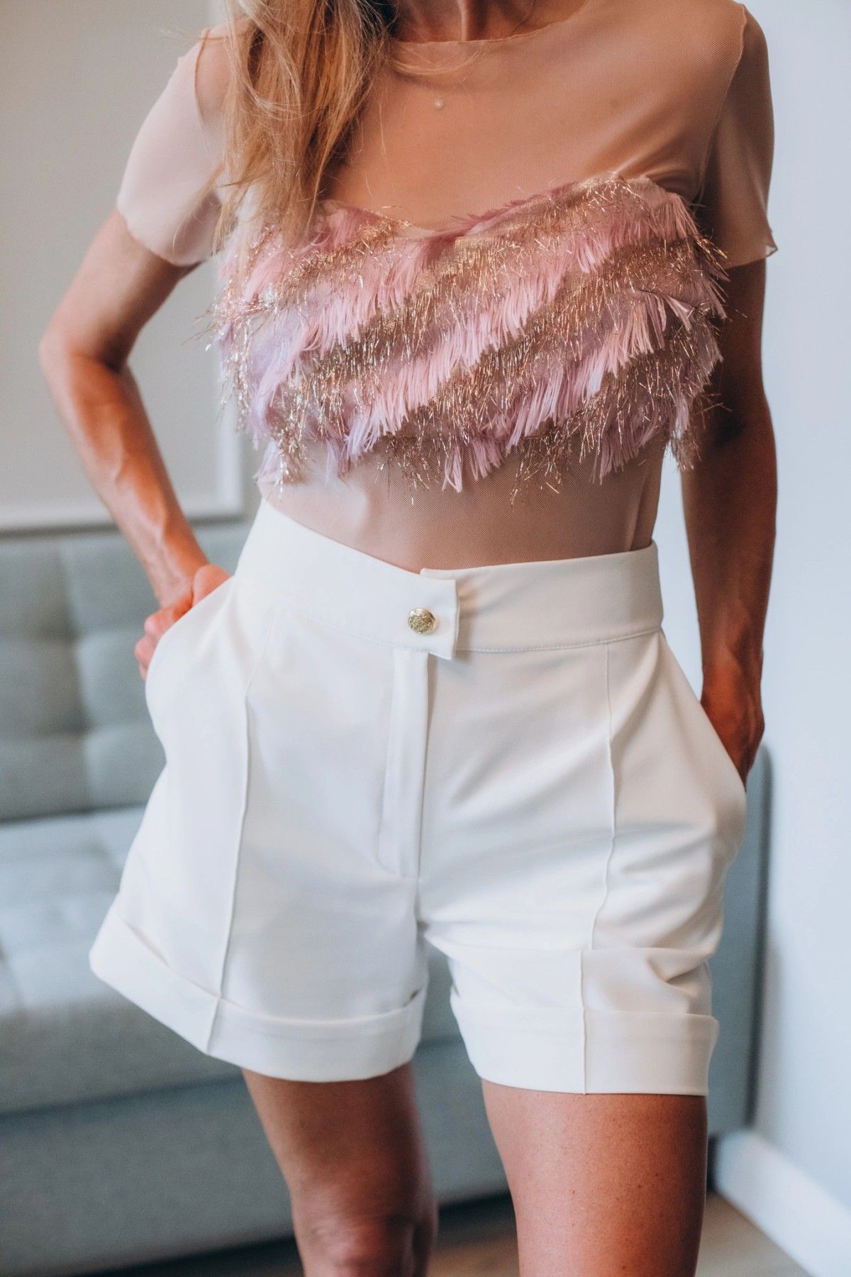Tops Per La Camill, S, ar īsām piedurknēm, bēšā krāsā — attēls 3