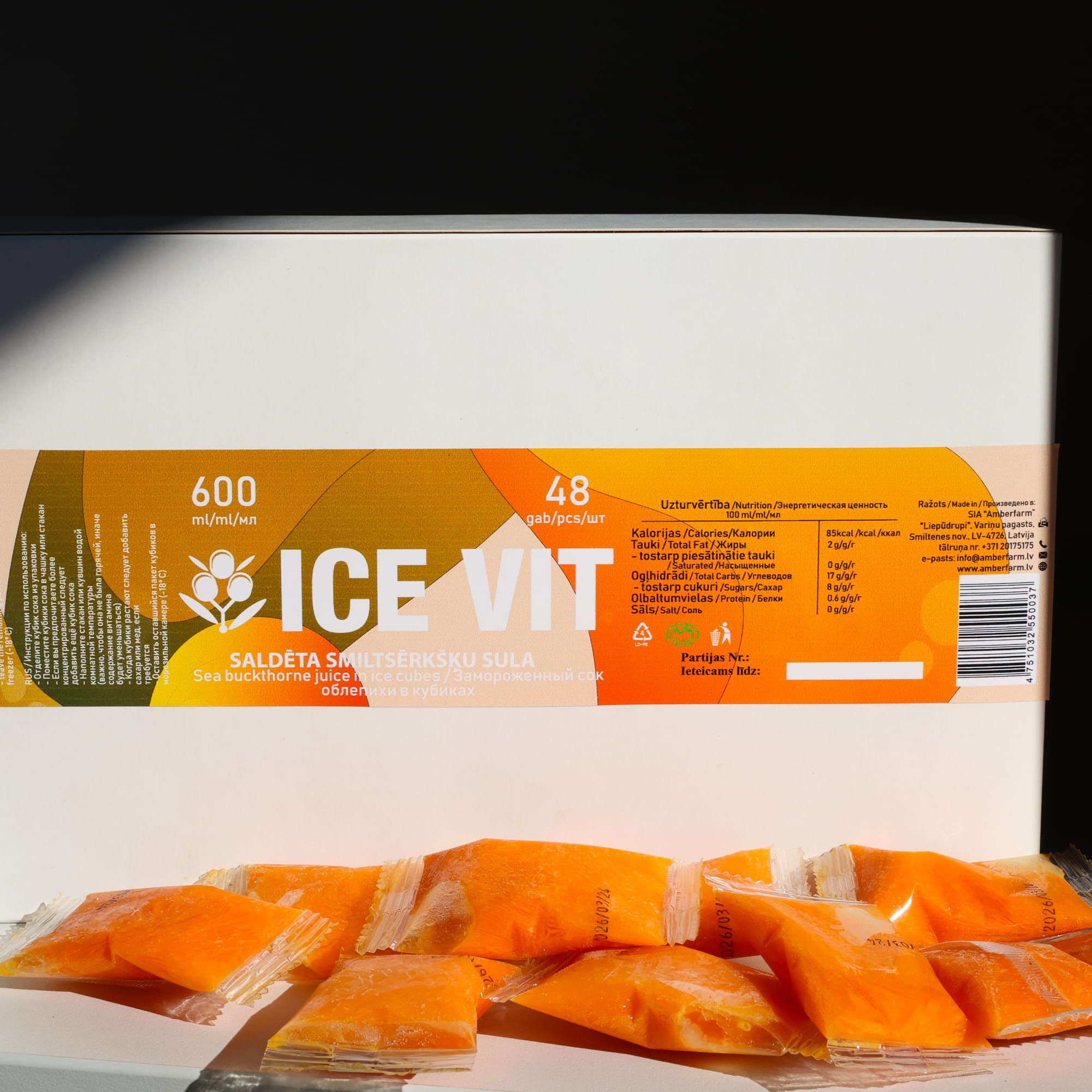 Saldēta smiltsērkšķu sula kubiņos „ICE VIT”, 600 ml (48 kubiņi)