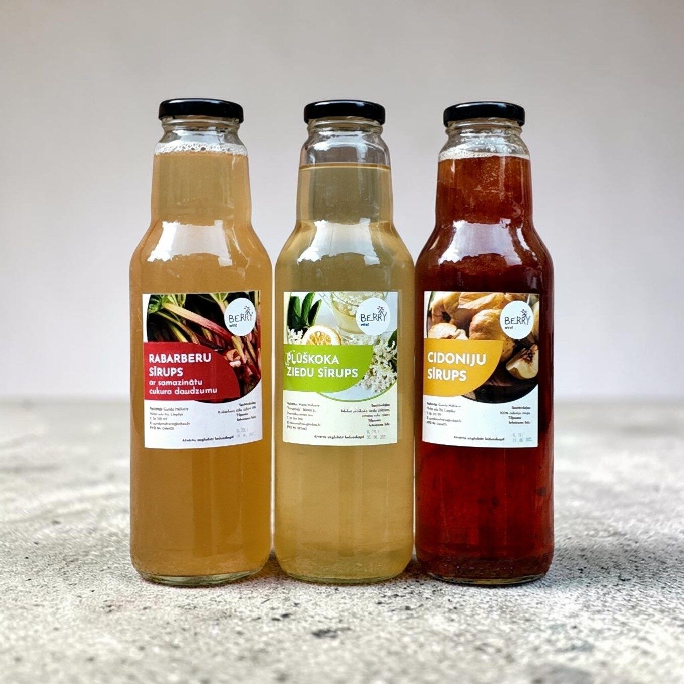 Sīrupu komplekts bārmeņiem — rabarberu, cidoniju, plūškoka ziedu, 3 × 750 ml
