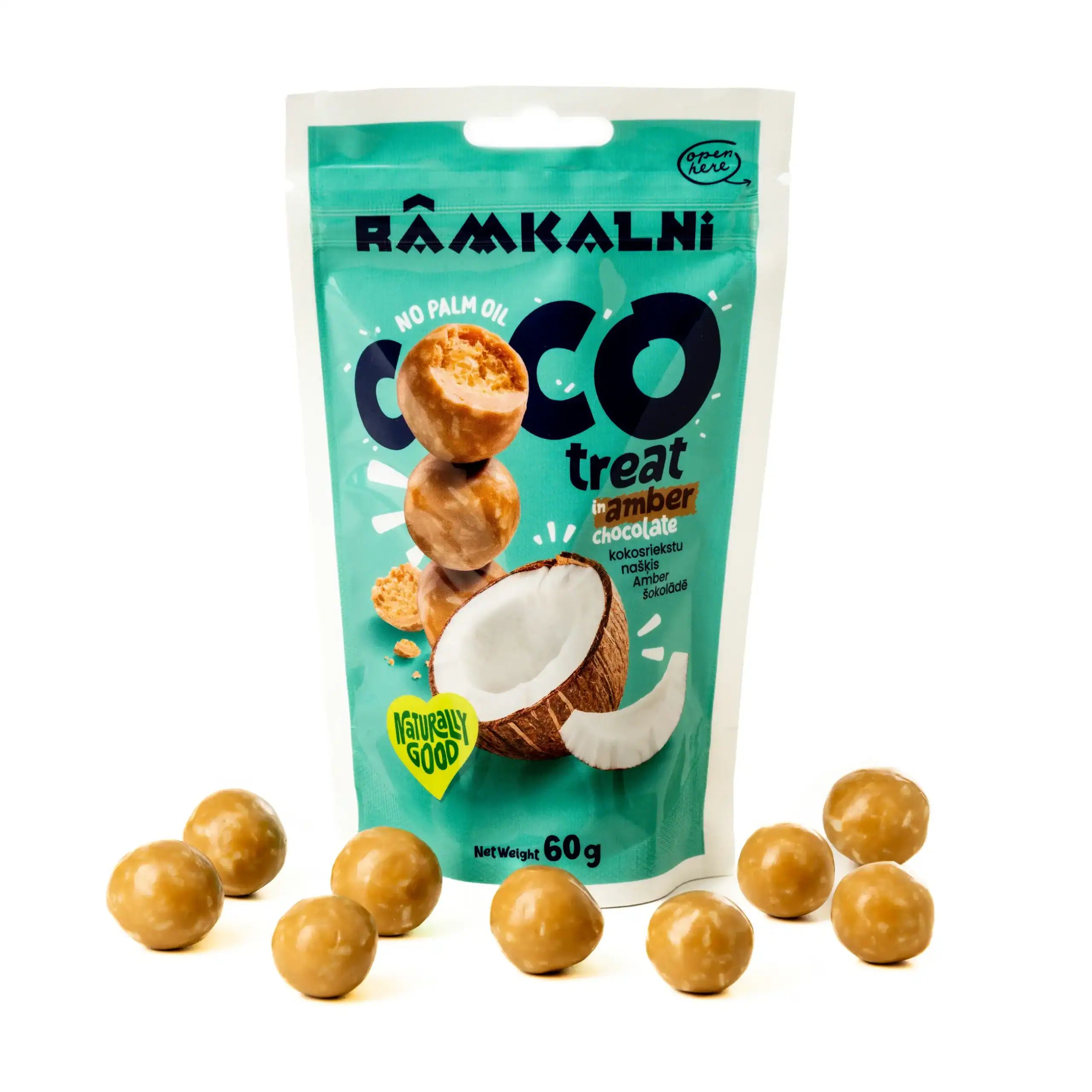 Kokosriekstu našķis Amber šokolādē, 60 g (stāvmaisiņš)