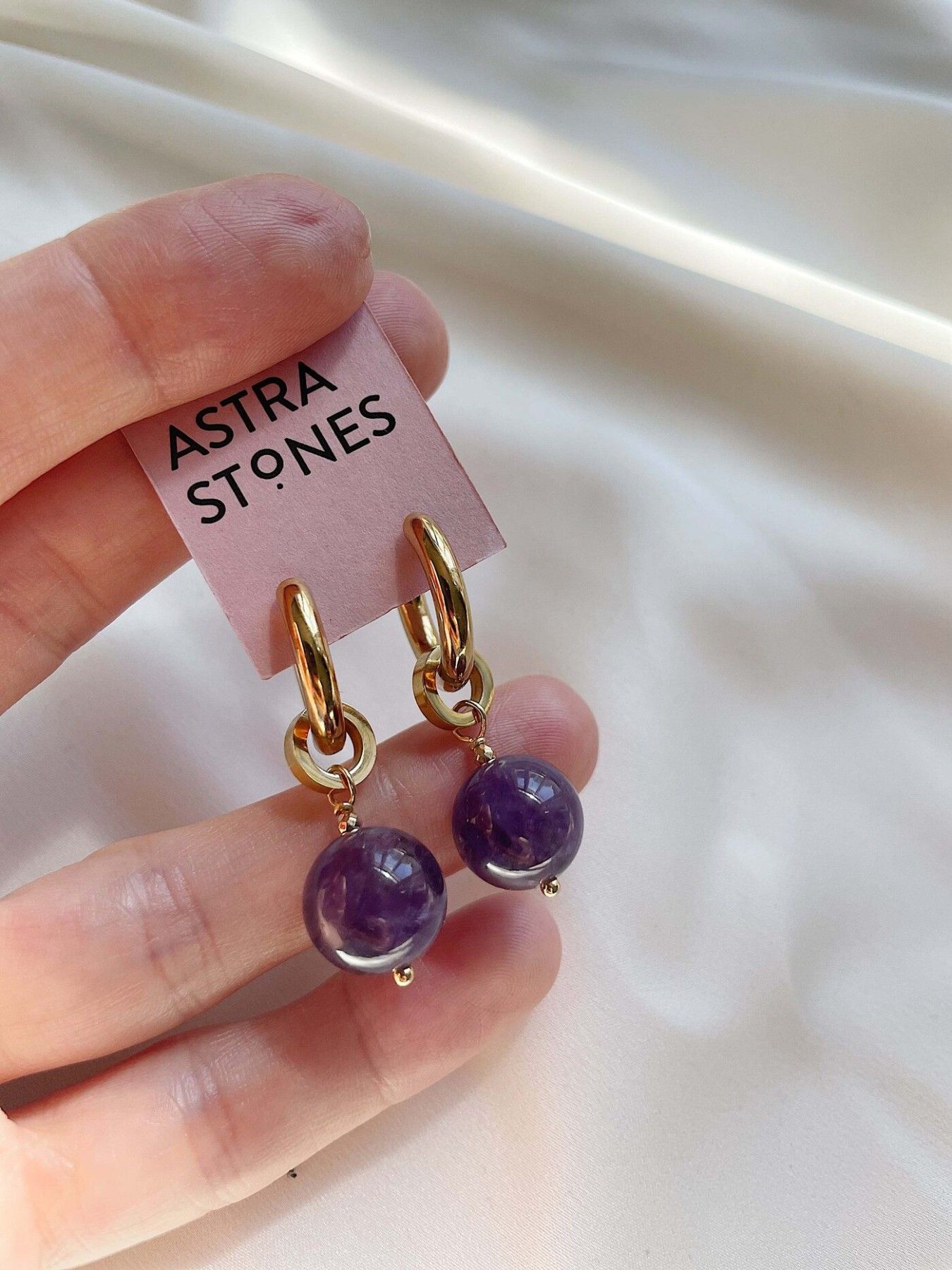 Auskari Astra Stones, ar pusdārgakmeni, violetā, zelta krāsā — attēls 3