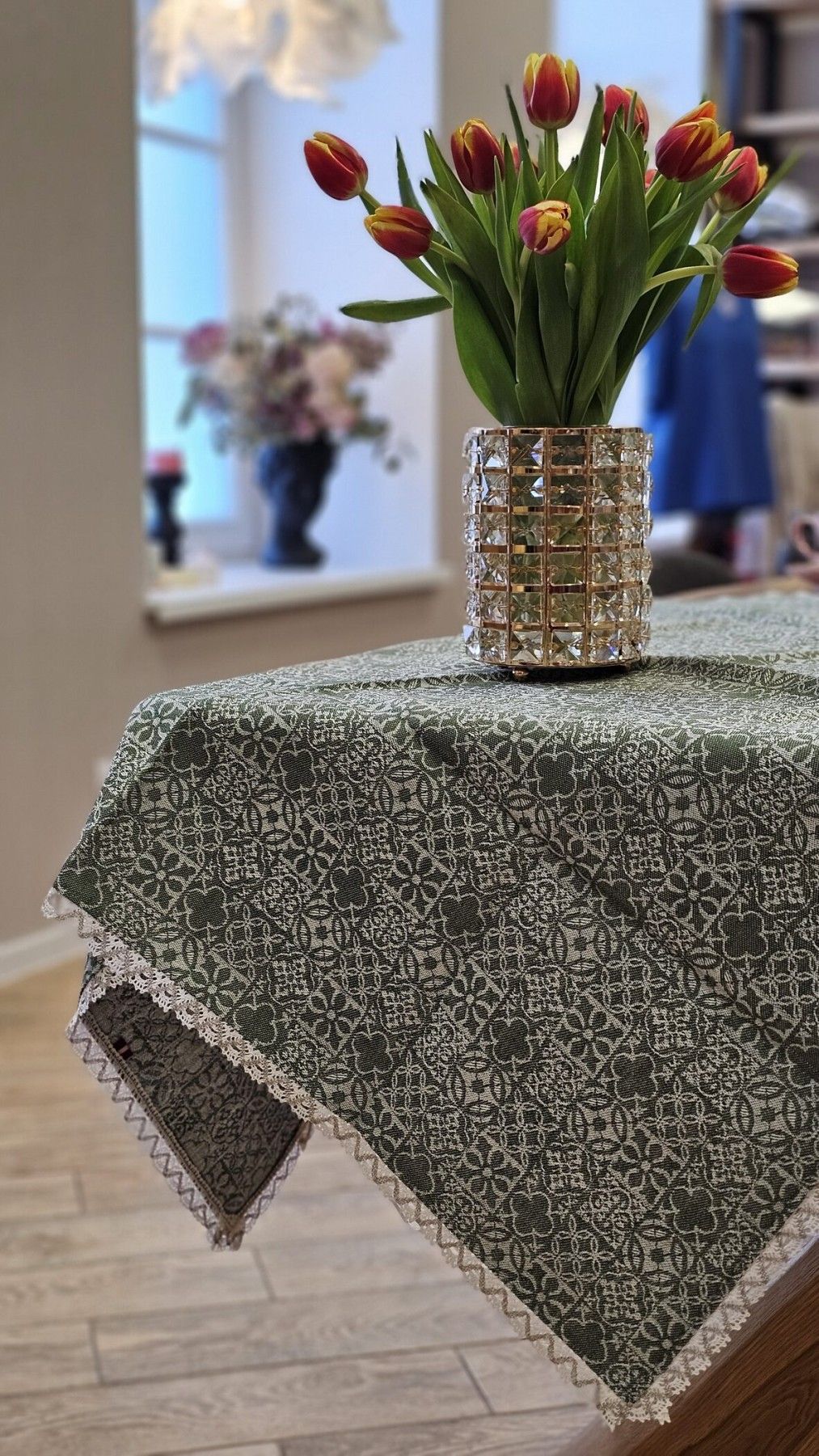 Galdauts MiPe Design, garums 100 cm, lins, zaļā krāsā
