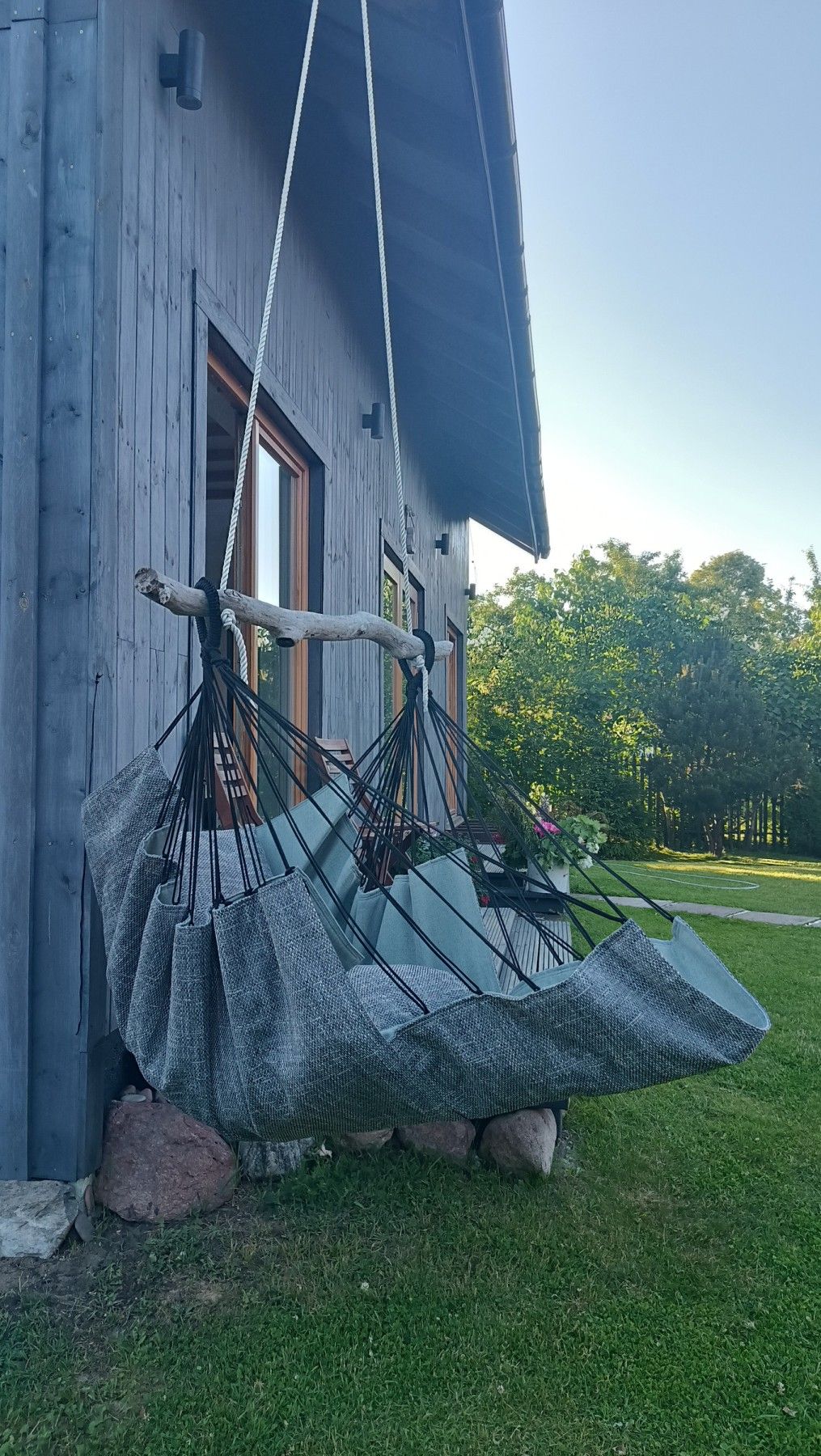 Šūpuļkrēsls Decochair, koks, tekstils, pelēkā, zaļā krāsā