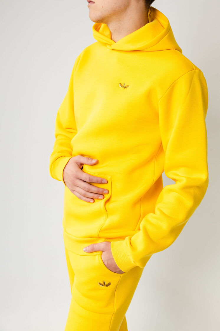 Garš unisex dzeltens džemperis ar kapuci (hūdijs) "Bērzs"