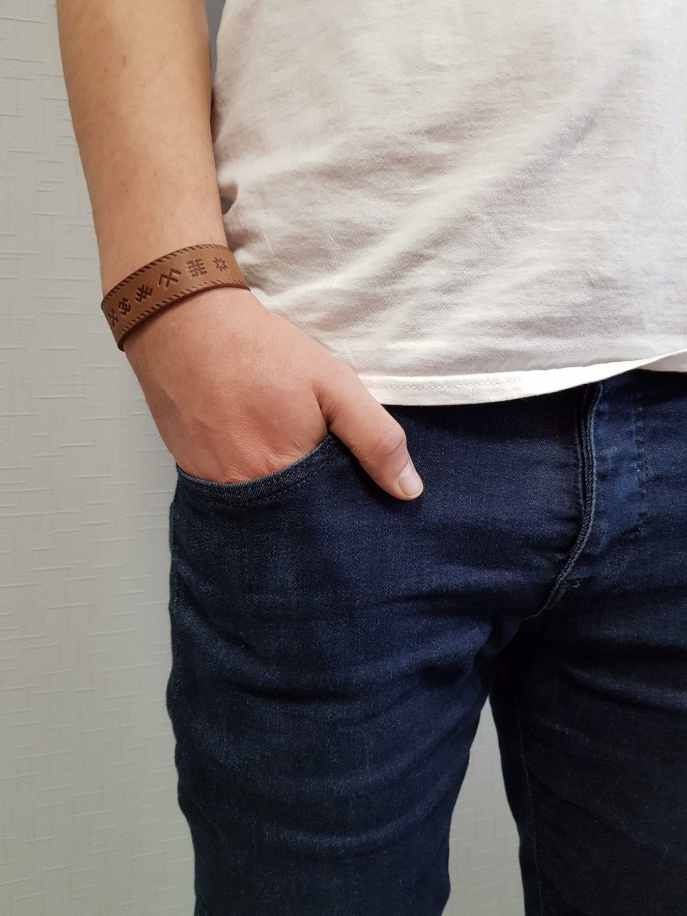Vīriešu rokassprādze Ādas Bode, āda, zaļā, brūnā krāsā — attēls 5