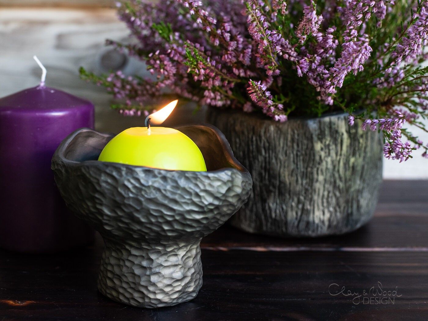 Galda svečturis Clay & Wood Design, keramika, melnā krāsā — attēls 3