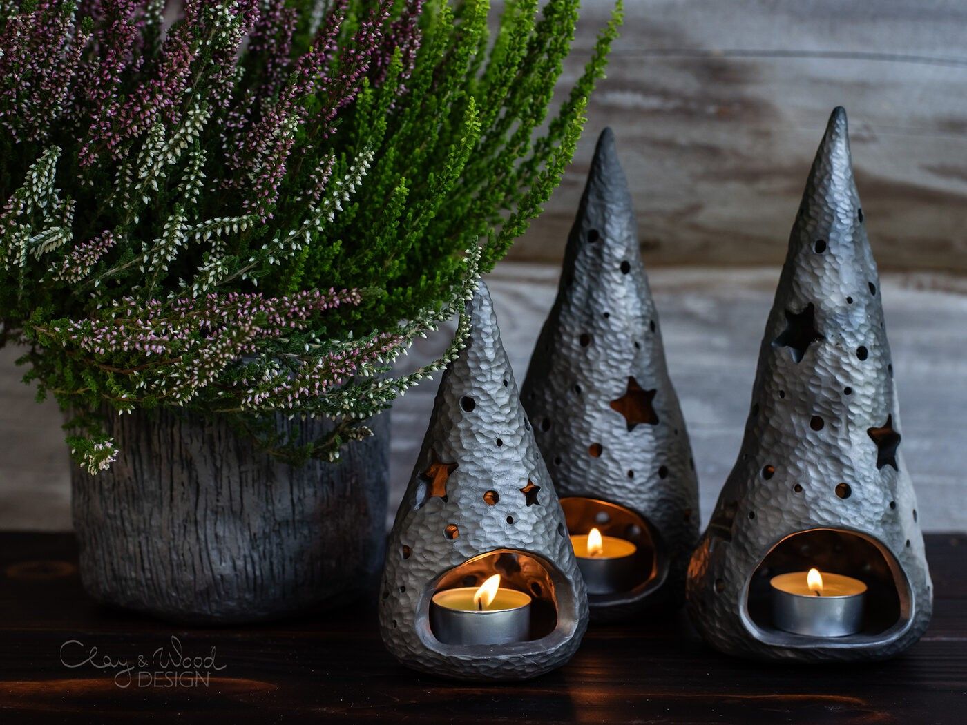 Svečturis Clay & Wood Design, tējas svecītēm, keramika — attēls 3