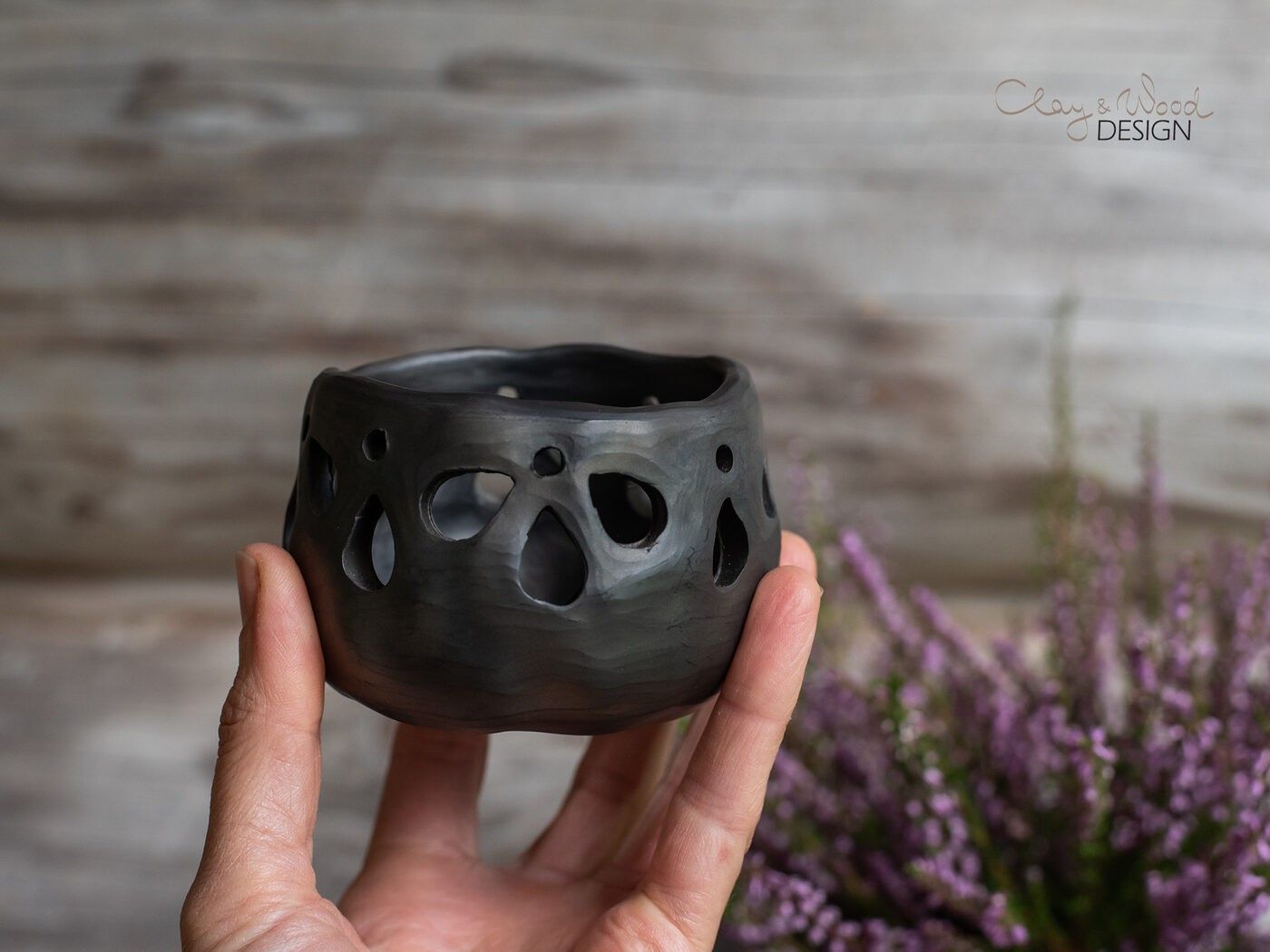 Laterna Clay & Wood Design, melnā krāsā — attēls 3
